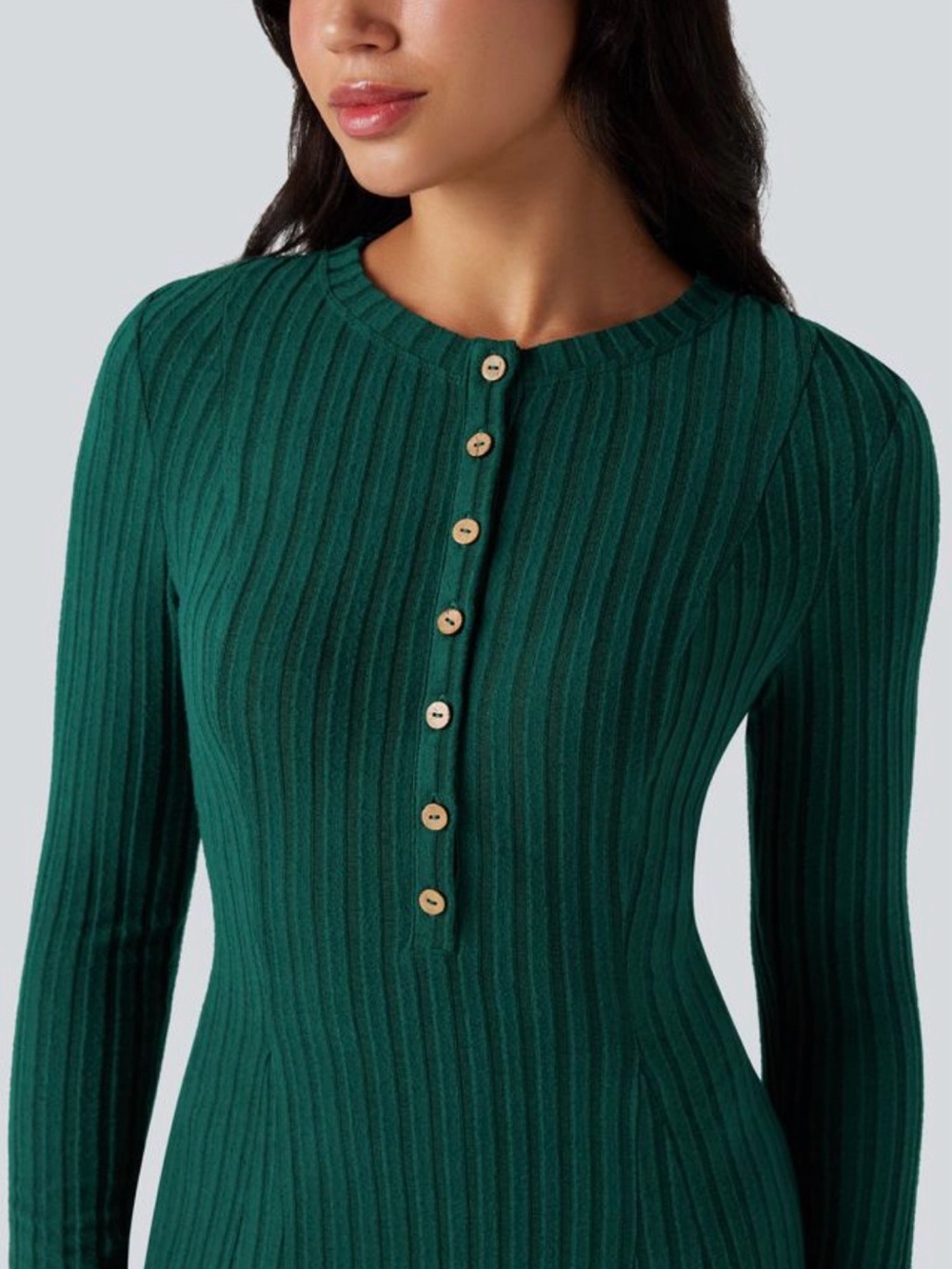HALARA Ribbed Knit Henley Neck Long Sleeve Flowy Maxi Casual Dress - Picture 4 of 9